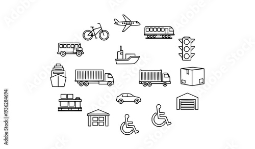 Professional thin stroke transport and supply chain vector icon collection with bus railway plane truck port and warehouse symbols