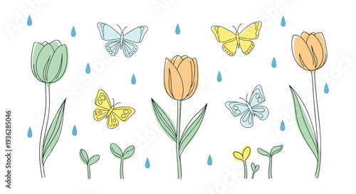 Delicate spring illustration of blooming tulips and fluttering butterflies with gentle raindrops falling creating a serene natural scene