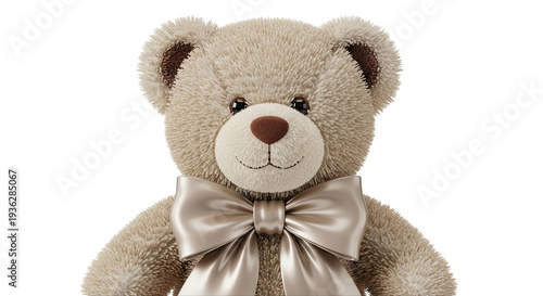 Close-up of a fluffy teddy bear with a satin bow