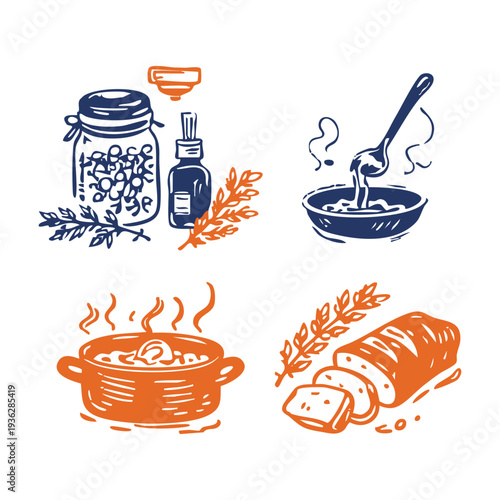 Hand drawn cooking illustration set in handmade organic style featuring jar ingredients, soup pot, pasta cooking, and fresh bread loaf. Perfect for recipe books, food packaging, and culinary branding.