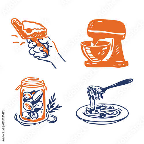 Hand drawn cooking illustration set featuring meat preparation, stand mixer, canned food, and pasta dish in handmade organic style. Great for recipe graphics, food blogs, and kitchen themed branding.