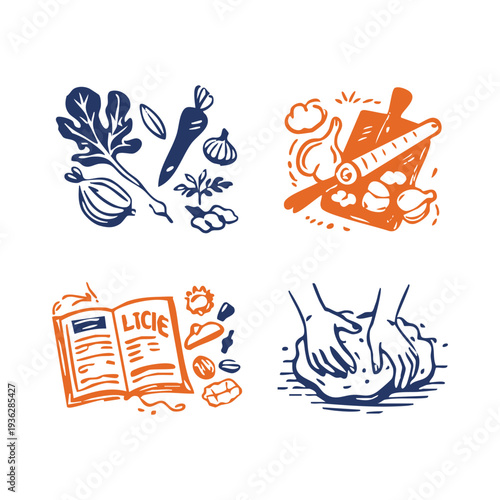 Collection of handmade organic style cooking sketches featuring fresh ingredients, recipe book, and dough preparation. Minimal two-color illustration perfect for culinary blogs, recipe books, packagin