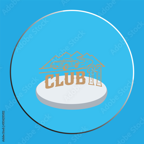 Club 11 Vintage Sports Car Logo Icon on Blue Background with Mountain Road Illustration