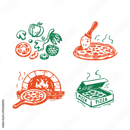 Hand drawn pizza illustration set in handmade organic style featuring pizza ingredients, pizza oven, and freshly baked pizza box. Minimal two-color sketch perfect for restaurant menus, food packaging,