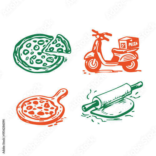 Hand drawn pizza illustration set featuring pizza slices, pizza delivery scooter, frying pan pizza, and rolling pin in handmade organic style. Ideal for pizzeria branding, food blogs, and restaurant g