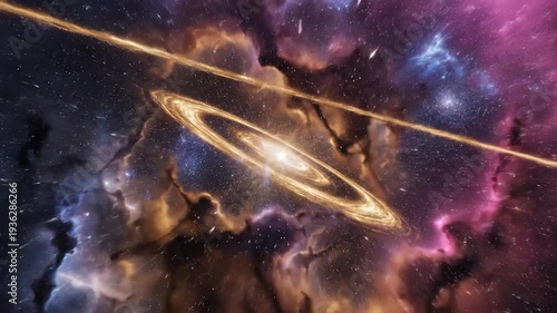 Vibrant nebula with a glowing galactic center and star trails in deep space