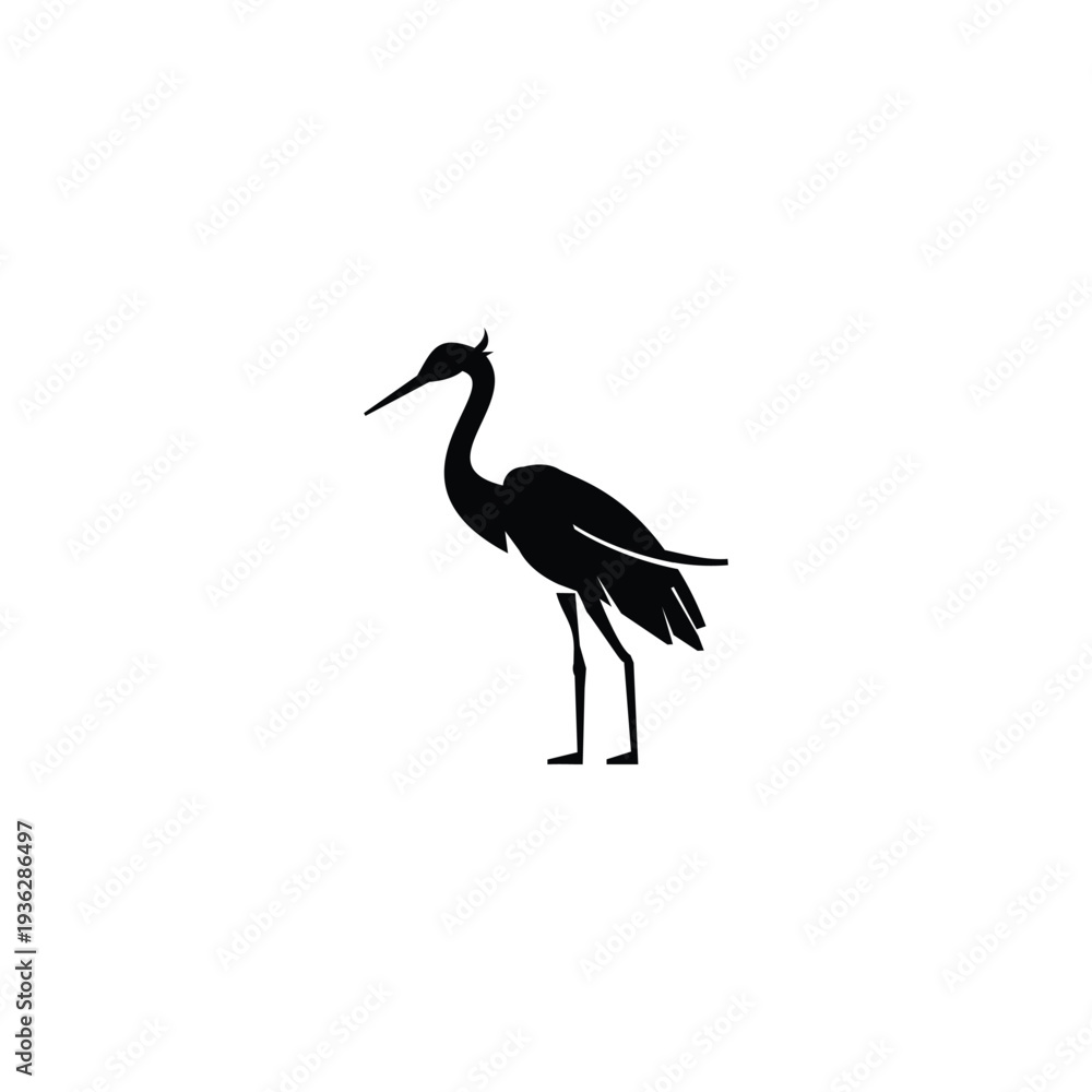 Fototapeta premium Black Heron bird silhouette rendered in a clean minimalist vector style, isolated on a white background. Simple graphic shape suitable for logos, icons, branding, prints, and design templates. 01.