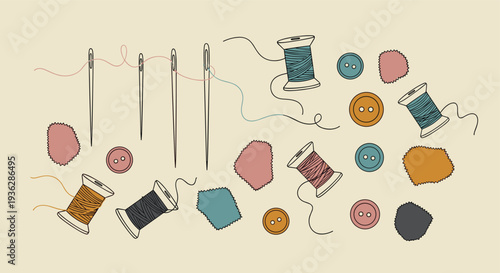 Hand-drawn sewing supplies including needles threads spools buttons and fabric patches on a neutral background