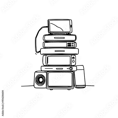 Whimsical doodle illustration of stacked smart‑home gadgets on a clean white background, playful tech lifestyle, simple line art for tech blogs and marketing