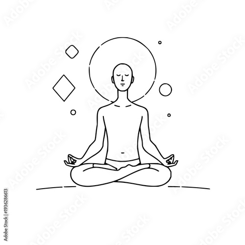 Abstract line art meditation figure surrounded by floating geometric shapes on white background – modern wellness illustration