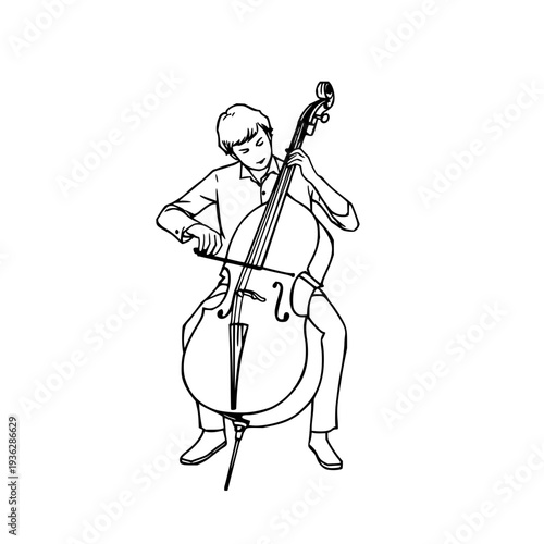 Continuous single‑stroke line drawing of a cello‑playing musician, minimalist orchestral art in black on white background
