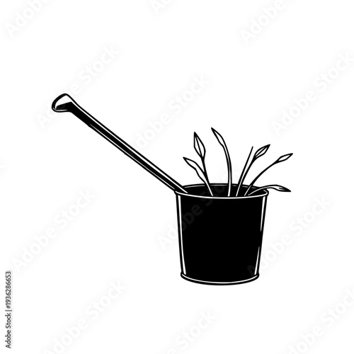 Long-handled black garden bulb planter silhouette on white background, high-contrast horticulture illustration for flower beds, landscaping and gardening projects