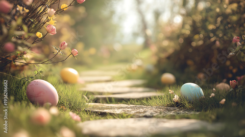 Spring garden path with pastel Easter eggs, dreamy bokeh background, copy space