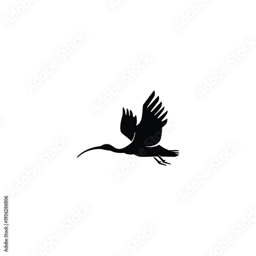 Black Ibis bird silhouette rendered in a clean minimalist vector style, isolated on a white background. Simple graphic shape suitable for logos, icons, branding, prints, and design templates.
