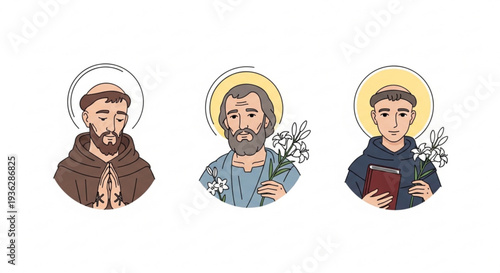 Three saintly figures with halos and flowers in modern illustration style