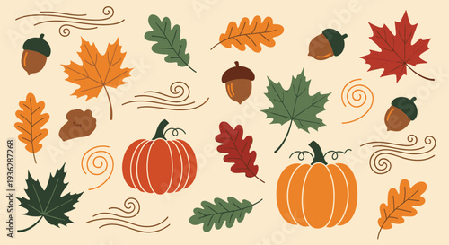 Autumn Harvest Season Celebration with Pumpkins Acorns and Colorful Maple Leaves on a Beige Background