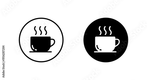 Hot coffee cup icon in black circle. Warm beverage symbol. Cafe drink sign