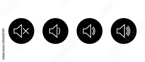 Volume speaker outline icon set. Sound level symbol in black circle