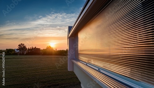 close up of modern roller shutter system with electric motor at sunrise showcasing sleek design and technology against a soft pastel sky