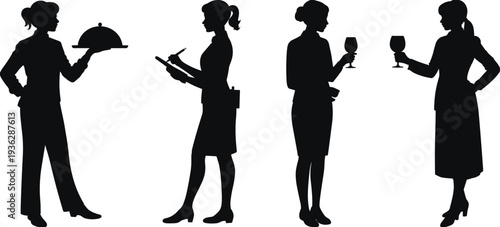 Black silhouette collection of female waitresses and hostesses serving food, taking orders, and holding wine glasses for restaurant hospitality service.