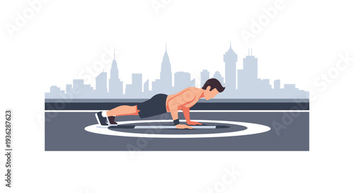 A shirtless man is performing a push-up exercise on a circular mat in front of a silhouetted city skyline, Generative AI.