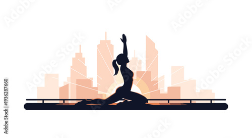 A silhouetted woman is performing a yoga pose on a mat on a rooftop with a city skyline and sunburst, Generative AI.