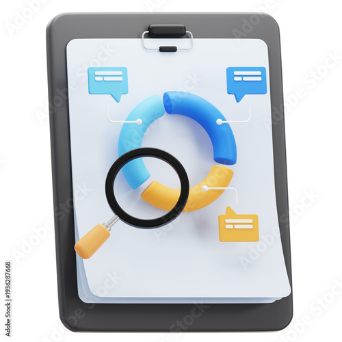 3D finance report board with graphics and search icon