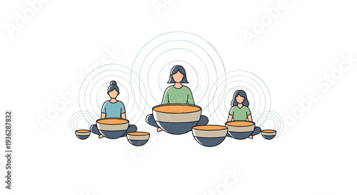 Three cartoon individuals two women and a child are sitting cross-legged with multiple singing bowls on a clean white background, Generative AI.