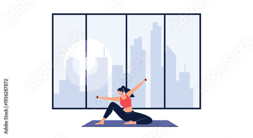 A woman in athletic wear is performing a yoga pose on a purple mat inside a modern room with a large window overlooking a city skyline, Generative AI.
