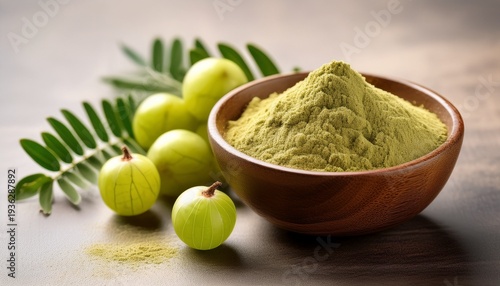 fresh gooseberry fruit and amla powder in a wooden bowl healthful ingredients for a nutritious diet