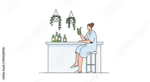 A relaxed woman in a spa robe sips a refreshing green drink at a clean white bar counter with green bottles and hanging plants, Generative AI.
