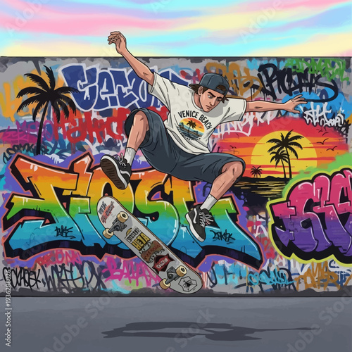Dynamic Skateboarder Jumps Against Vibrant Graffiti Wall Illustration. Street Art, Extreme Sport, Urban Youth Culture, Retro Pop Cartoon Style.