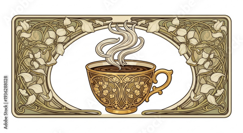 Steaming ornate golden coffee cup with floral design and decorative border