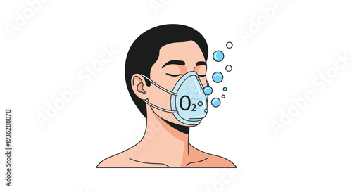 A person with closed eyes wears a transparent oxygen mask with O2 clearly visible surrounded by blue bubbles for a therapeutic treatment, Generative AI.