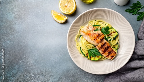 grilled fish fillet with zucchini pasta healthy food concept top view banner