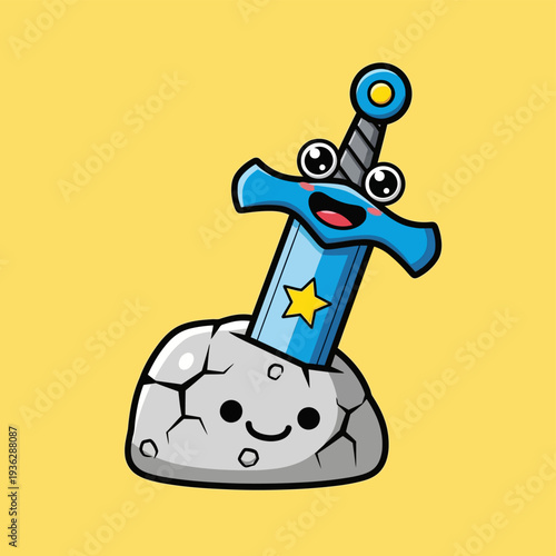 Cute Cartoon Excalibur Sword in the Stone Mascot Illustration. Kawaii Medieval Fantasy RPG Icon on Yellow Background.