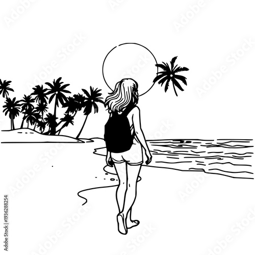 Young woman strolling along sunlit beach with red backpack, late afternoon waves gently washing shore, palm trees swaying in background