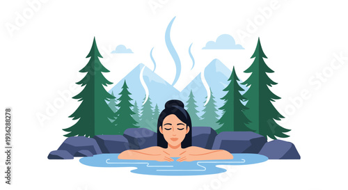A serene woman with closed eyes relaxes in a natural hot spring surrounded by towering pine trees and majestic mountains, Generative AI.