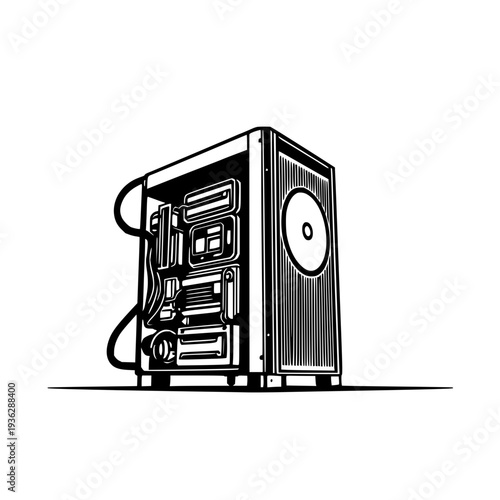 High-contrast solid black silhouette of a crypto mining rig, illustrating digital finance infrastructure on a clean white background, perfect for technology and blockchain concepts.