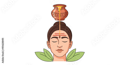 A cartoon illustration shows a woman receiving an Ayurvedic Shirodhara treatment with oil pouring onto her forehead, Generative AI.