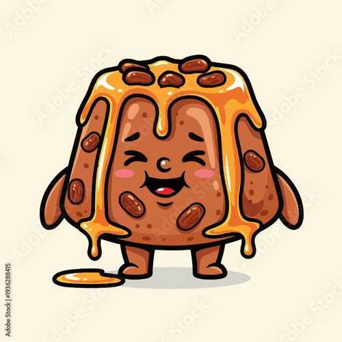 Cheerful Sticky Toffee Pudding Mascot with Caramel Glaze. Cute Kawaii Dessert Character Illustration.
