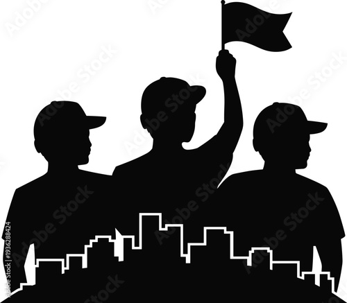 Black silhouette of people holding flag over city skyline for community leadership, urban protest, team victory, cooperation, and civil rights.