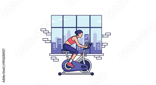 A cartoon woman cycles on a stationary bike indoors looking out a window at a purple city skyline, Generative AI.