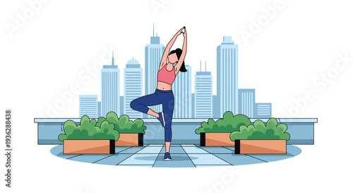 A cartoon woman performs a tree pose yoga on a paved rooftop with a city skyline and potted plants, Generative AI.