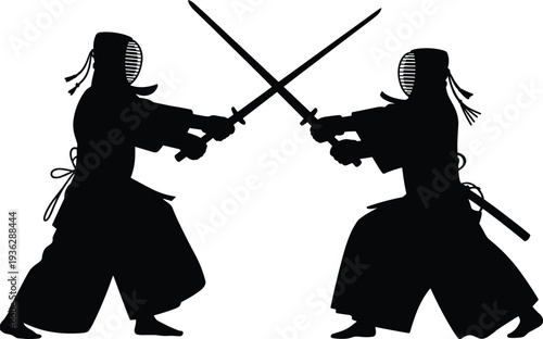 Black silhouette of two Kendo fighters practicing traditional Japanese martial arts with bamboo swords isolated on white background for sports design.