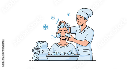 A cartoon woman receives a cold head and facial treatment with ice balls from another woman in a spa, Generative AI.