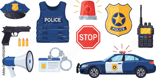 Police Equipment and Law Enforcement Icon Set Featuring Badge, Patrol Car, Handcuffs, Radio, Gun, Vest, and Emergency Siren