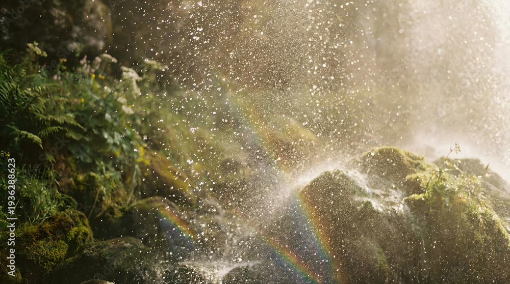 Fototapeta premium Waterfall Cascades with Rainbow Mist Over Foliage, Tranquil View from the Edge of a Lush Valley