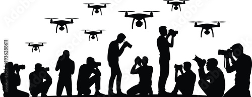 Black silhouette set of professional photographers with cameras and flying drones, media production team, aerial photography and videography service icons.