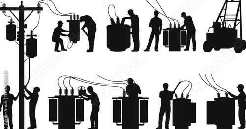 Black silhouette set of professional electricians working on high voltage power transformers, electric utility poles, and grid maintenance service icons.